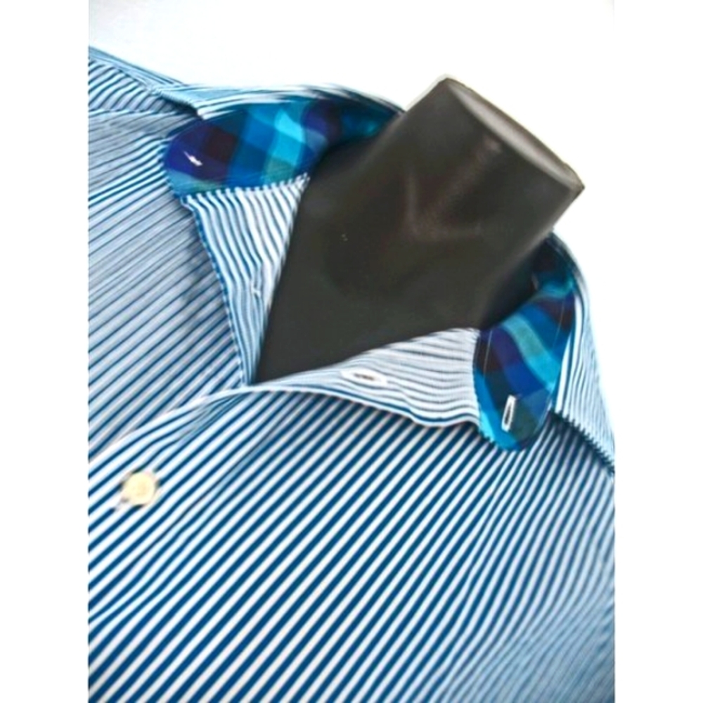 Jack Stone Thomas Dean Teal Striped Button Front Shirt Mens Size XL Flip cuffs